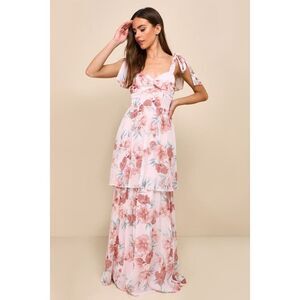 Lulus Phenomenal Poise Light Pink Floral Tie-strap Tiered Maxi Dress - Size M
